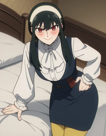 score_9, score_8_up, score_7_up, source_anime, <lora:yor-briar-movie-ponyxl-lora-nochekaiser:1>, yor briar, black hair, red eyes, sidelocks, hairband, short hair with long locks, white hairband, large breasts,, shirt, long sleeves, pantyhose, ascot, frilled sleeves, blue dress, white sleeves, indoors, bed, bed room, on side, blush, drunk,, , looking at viewer, smug, hand on hips,, solo,, cowboy shot, dutch angle,