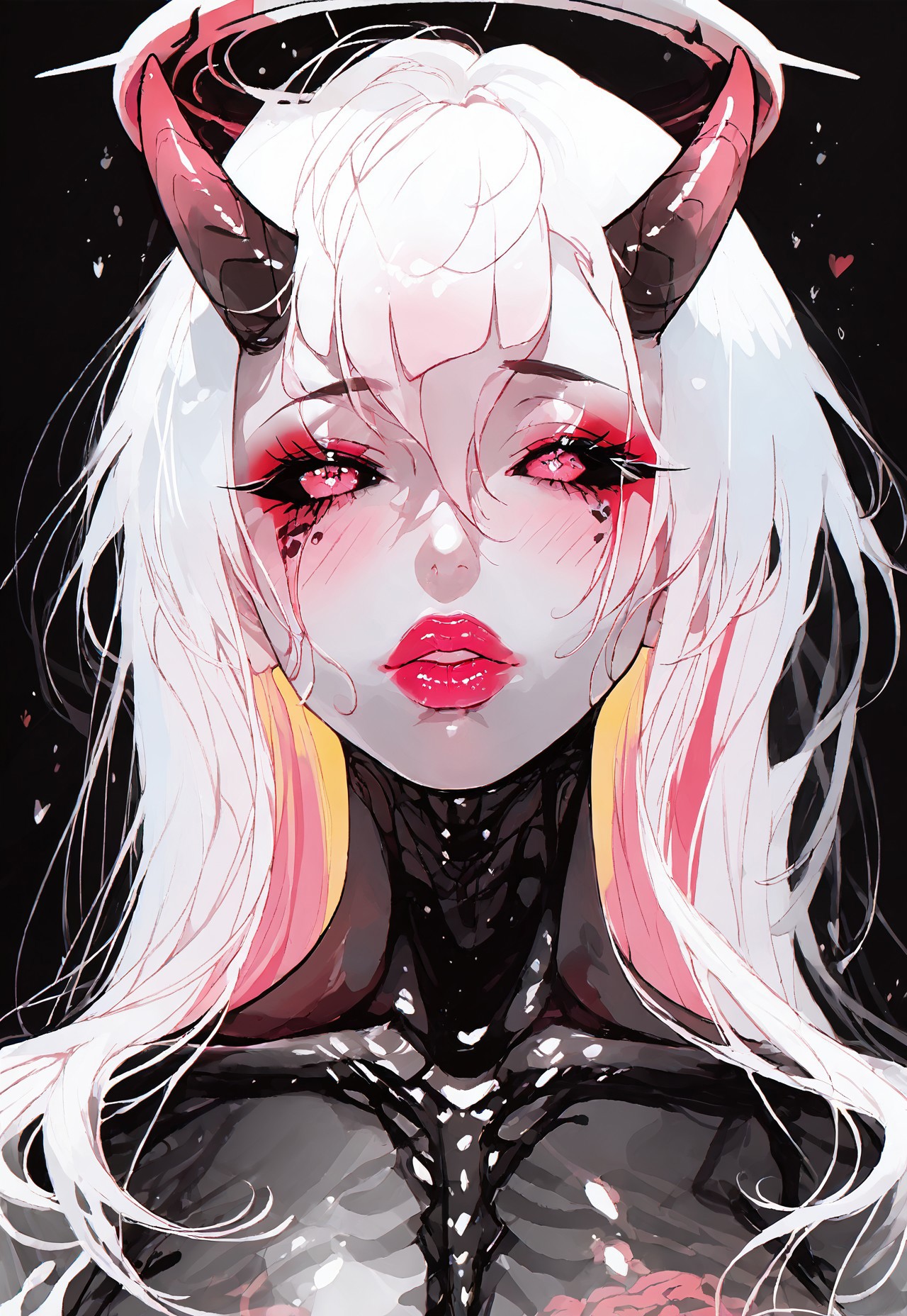 embedding:urn:air:sd1:embedding:civitai:222256@250708, score_9, score_8_up, score_7_up, score_6_up, score_5_up, source_anime, Expressiveh, th3rm4l, colorful, thermal, s33thru, transparent, painterly, dynamic, cowboy shot, speedlines, movement, 1girl, demon, oni, black and white wavy patterned skin, horns, halo, white make-up, eye shadows, eye lashes, black sclera, blusher, parted lips, thick lips, glossy lips. thick lips, bright pink lips, see-through body, transparent body, skeleton, translucent, mature, milf, gorgeous, voluptuous, alluring, teasing, glossy skin, wide hips, large breasts, close-up, face focus, cute face, portrait, <lora:pony/expressiveh:0.7>, <lora:add-detail-xl:2>, <lora:agm-artist-richy-v1_pdxl:1>, <lora:see_through_not_sticky:0.85>