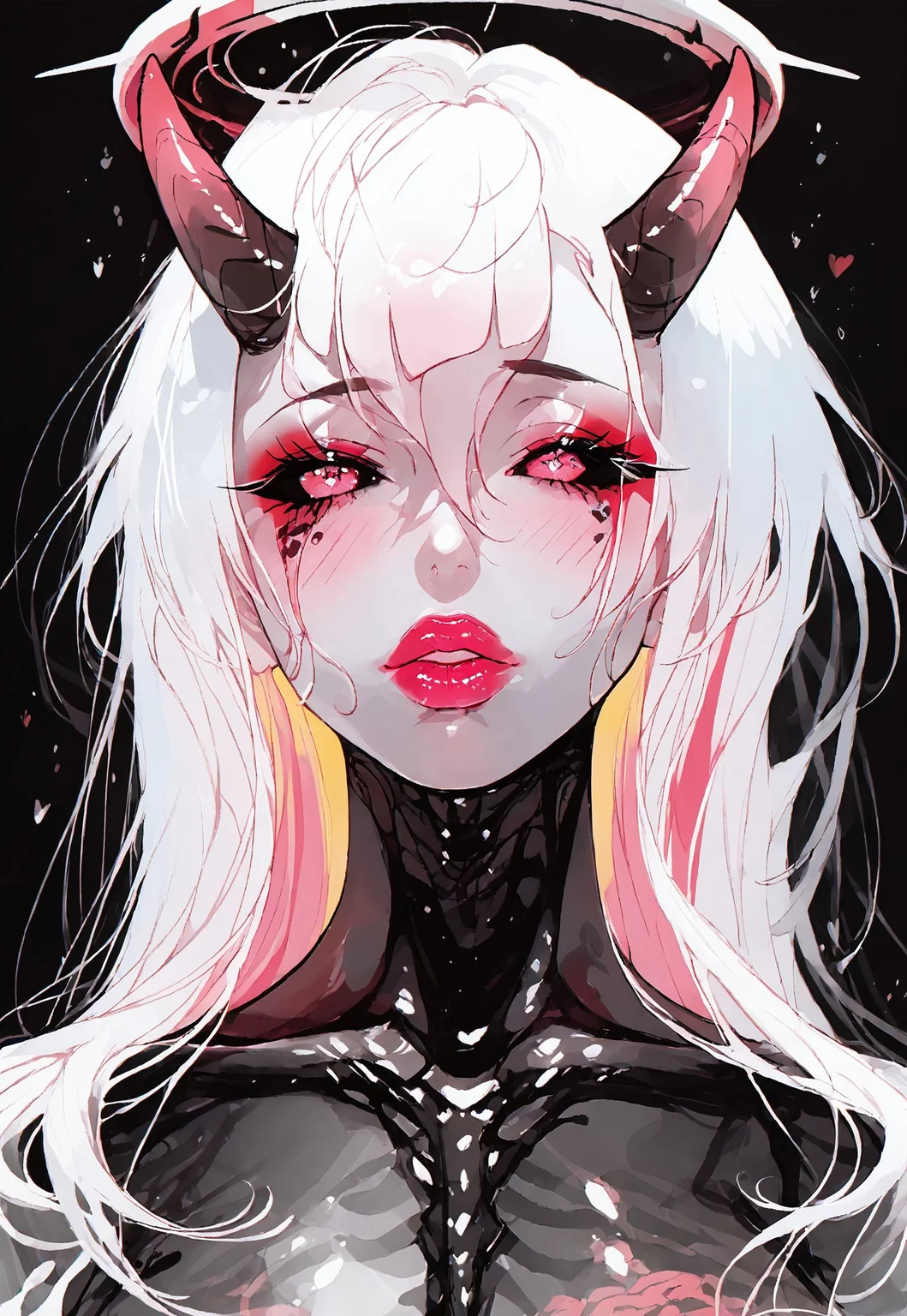 embedding:urn:air:sd1:embedding:civitai:222256@250708, score_9, score_8_up, score_7_up, score_6_up, score_5_up, source_anime, Expressiveh, th3rm4l, colorful, thermal, s33thru, transparent, painterly, dynamic, cowboy shot, speedlines, movement, 1girl, demon, oni, black and white wavy patterned skin, horns, halo, white make-up, eye shadows, eye lashes, black sclera, blusher, parted lips, thick lips, glossy lips. thick lips, bright pink lips, see-through body, transparent body, skeleton, translucent, mature, milf, gorgeous, voluptuous, alluring, teasing, glossy skin, wide hips, large breasts, close-up, face focus, cute face, portrait, <lora:pony/expressiveh:0.7>, <lora:add-detail-xl:2>, <lora:agm-artist-richy-v1_pdxl:1>, <lora:see_through_not_sticky:0.85>