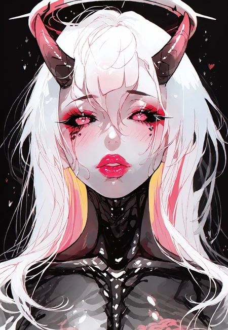 embedding:urn:air:sd1:embedding:civitai:222256@250708, score_9, score_8_up, score_7_up, score_6_up, score_5_up, source_anime, Expressiveh, th3rm4l, colorful, thermal, s33thru, transparent, painterly, dynamic, cowboy shot, speedlines, movement, 1girl, demon, oni, black and white wavy patterned skin, horns, halo, white make-up, eye shadows, eye lashes, black sclera, blusher, parted lips, thick lips, glossy lips. thick lips, bright pink lips, see-through body, transparent body, skeleton, translucent, mature, milf, gorgeous, voluptuous, alluring, teasing, glossy skin, wide hips, large breasts, close-up, face focus, cute face, portrait, <lora:pony/expressiveh:0.7>, <lora:add-detail-xl:2>, <lora:agm-artist-richy-v1_pdxl:1>, <lora:see_through_not_sticky:0.85>