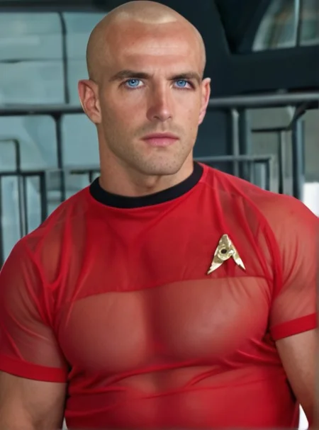 1boy, 20 year old male, Handsome, masculine, blonde, star trek, see-through red shirt, muscle, tall, tight shirt, mesh shirt, wide pectorals, big shoulders, wide shoulders, muscular neck, German, bald, big pale blue eyes,
stunf, star trek uniform,