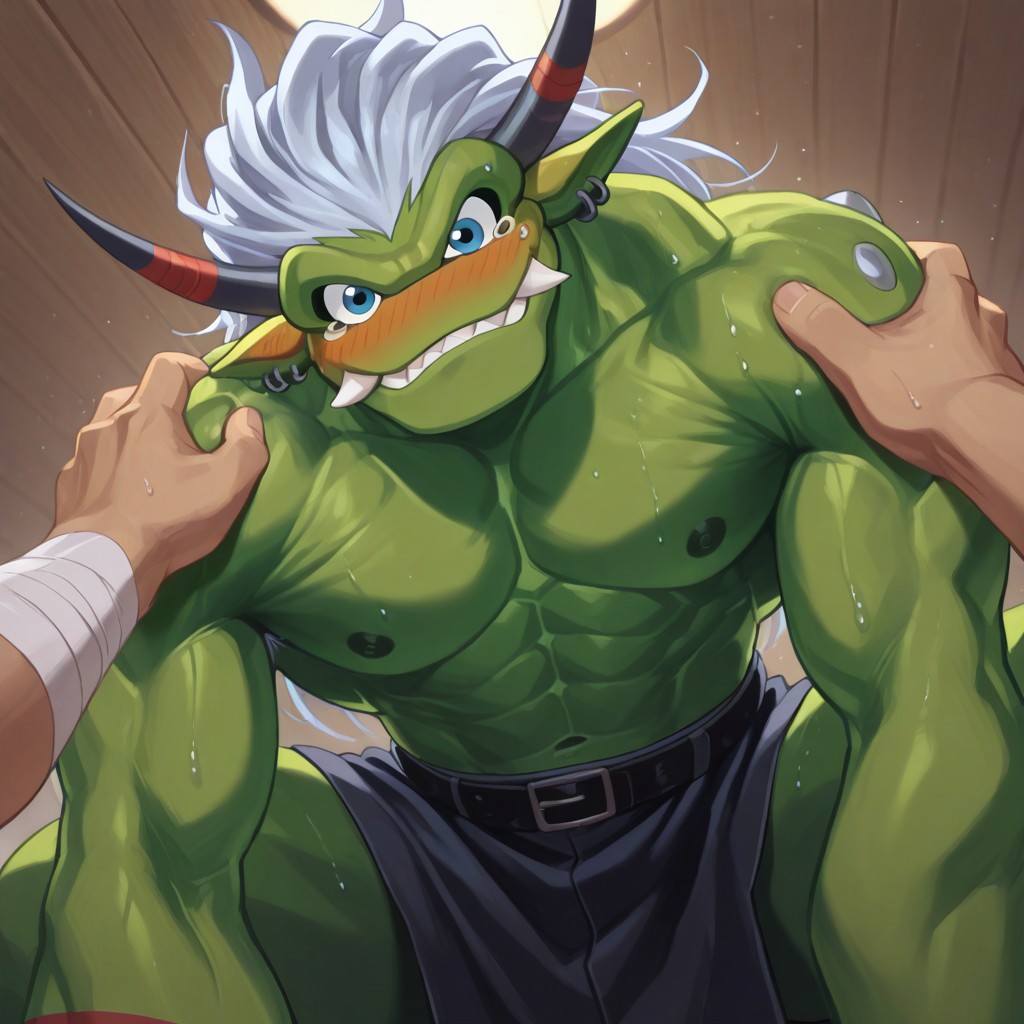 High quality, good shots, ogre10101110, Ogremon, digimon, 1boy, solo, green skin, blue eyes, long white hair, teeth, (mouth open:1,4), no nose, bandages, loincloth, black loincloth, horns, black horns, gym background, ceiling background, flushed, looking from viewer, grabbing viewer's shoulder, (shy:1.6), flushed, viewer being pushed down, smile