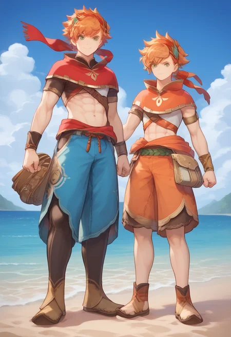 score_9, score_8_up, score_7_up, BREAK realistic, anime style, 1boy, val, abs, orange hair, green eyes, clenched fist, smile, beach <lora:Val_Visions_of_Mana:1>