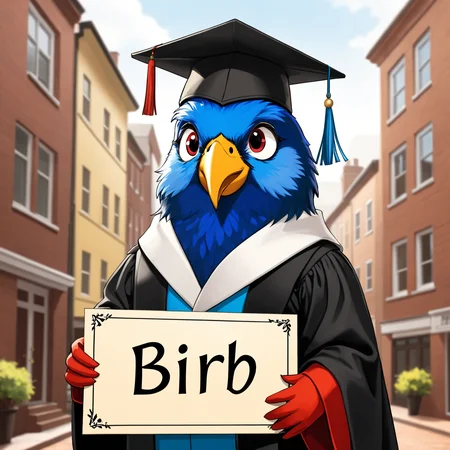 bird professor, scholar cap, holding sign that says birb