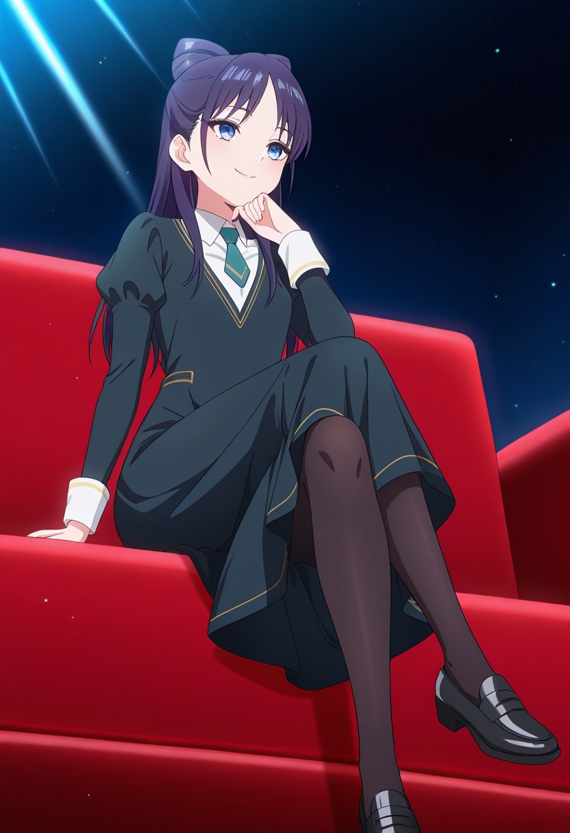 from below, (absurdres, best quality, masterpiece:1.4), amazing quality, highres, newest, detailed, detailed body, detailed face, source anime, anime coloring, beautiful, dark background, petite, on red couch, sitting, light ray, cross legs, hand to own chin, downturned eyes,
BREAK
WWNemu, 1girl, solo, standing, smile, NemuAniHu, dark purple hair, bow-shaped hair, parted bangs, half updo, blue eyes, v-neck dress, white inner collared shirt, Short necktie, juliet sleeves, long skirt, black pantyhose, black shoes,