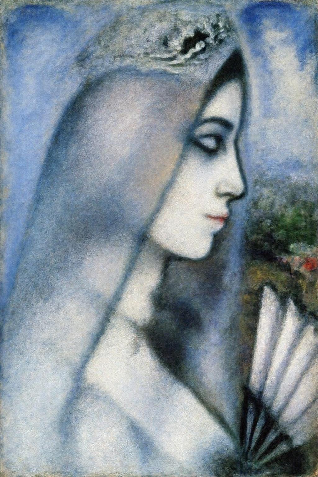 marcha9 painting 
A young bride is depicted in profile, facing left. Her face is elongated and somewhat distorted. Her eyes are closed, giving her a serene, contemplative expression. She has a slender, elongated nose and lips, with a subtle smile. She is holding a fan. Her hair, depicted in shades of light blue and white, cascades down her back in loose, flowing waves, blending into the background. <lora:marcha2_cap_d6a3e15:1.0><lora:814272060974153495:0>