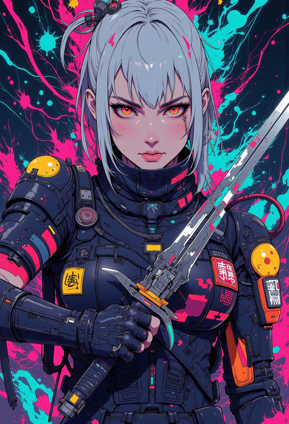<lora:ck-nc-luminal-genesis:1>, close-up shot of a wabi sabi warrior dressed in holographic armor, neon color splash, battle stance, holding a futuristic battle scared sword, fierce look, she's got silver platinum hair and an otherworldly aura around her, studio anime, nistyle, cklg,
<lora:test2:0.7>
<lora:Anime v1.3:0.2>
<lora:CPA:0.4>