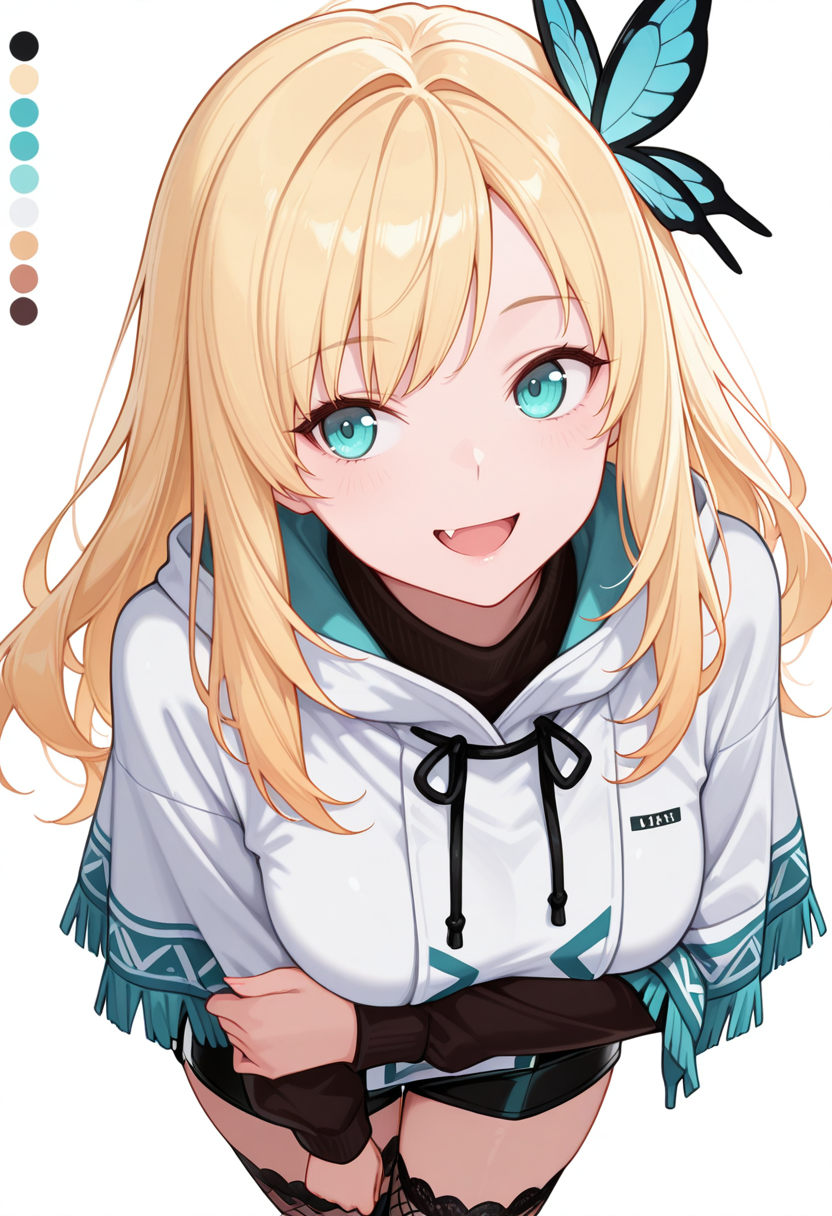 Smooth Quality,masterpiece,very intricate, high quality details, ultra realistic, high detailed skin,detailed enviorement,absurdres,
hand on own arm,:d, 
 <lora:Sena_Kashiwazaki_CNR:0.8> sena_cnr, 1girl,blonde hair, long hair, aqua eyes, fang, medium breasts, butterfly hair ornament,, simple background, white background, from above,solo,, color drain,traumatized,, poncho   ,short over long sleeves,board shorts,  ,lace legwear,