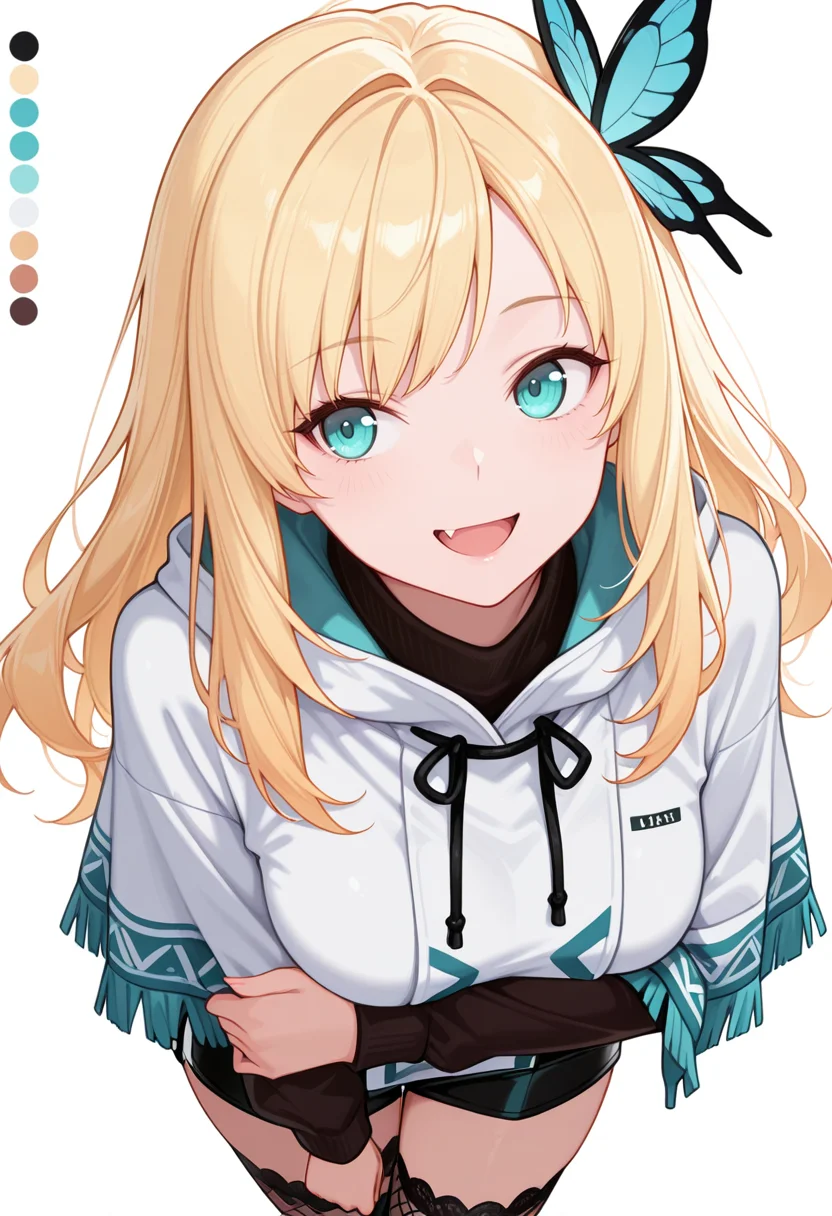 Smooth Quality,masterpiece,very intricate, high quality details, ultra realistic, high detailed skin,detailed enviorement,absurdres,
hand on own arm,:d, 
 <lora:Sena_Kashiwazaki_CNR:0.8> sena_cnr, 1girl,blonde hair, long hair, aqua eyes, fang, medium breasts, butterfly hair ornament,, simple background, white background, from above,solo,, color drain,traumatized,, poncho   ,short over long sleeves,board shorts,  ,lace legwear,