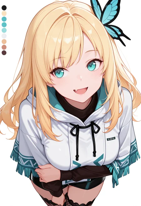Smooth Quality,masterpiece,very intricate, high quality details, ultra realistic, high detailed skin,detailed enviorement,absurdres,
hand on own arm,:d,
<lora:Sena_Kashiwazaki_CNR:0.8> sena_cnr, 1girl,blonde hair, long hair, aqua eyes, fang, medium breasts, butterfly hair ornament,, simple background, white background, from above,solo,, color drain,traumatized,, poncho ,short over long sleeves,board shorts, ,lace legwear,