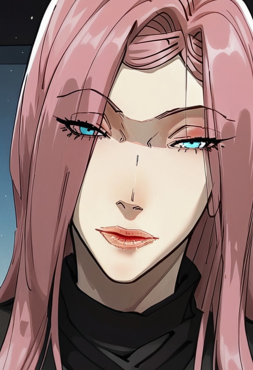 (score_9, score_8_up, score_7_up), longshuyun, 1gir, pink hair, long hair, blue eyes, eyes visible through hair, makeup, lipstick, large breasts, black sweater, turtleneck, masterpiece, best quality, portrait, green pastures, head tilt, looking at viewer, facing viewer, dynamic angle, golden light,light particles
