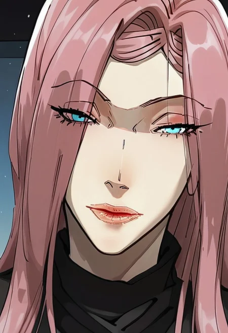 (score_9, score_8_up, score_7_up), longshuyun, 1gir, pink hair, long hair, blue eyes, eyes visible through hair, makeup, lipstick, large breasts, black sweater, turtleneck, masterpiece, best quality, portrait, green pastures, head tilt, looking at viewer, facing viewer, dynamic angle, golden light,light particles