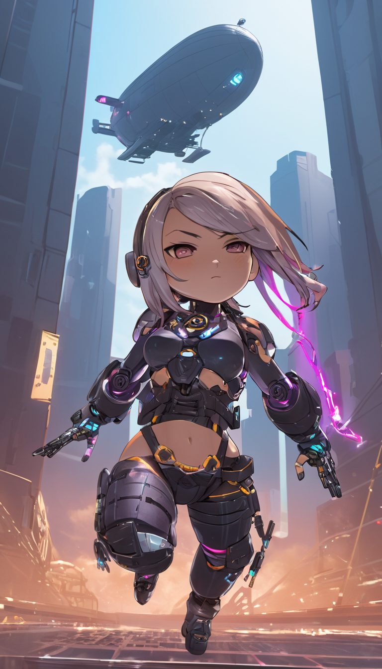 Cinematic scene, hero view, female cyberpunk prirate, airship, action pose, detailed background, masterpiece, best quality, high quality, highres, absurdres, chibi <lora:nendoroid_xl_v6:1>