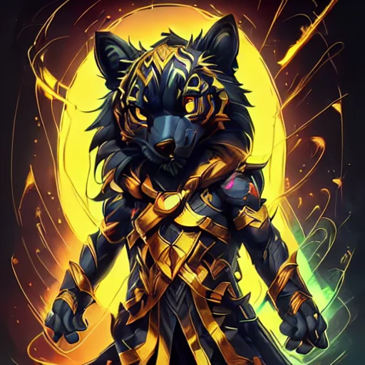 fox from league of legends chibi, tiger, red scarf, cloak with hood, concept art, gloves, colored sclera, teeth, black fur with gold stripes, barefoot, blue sky, abs