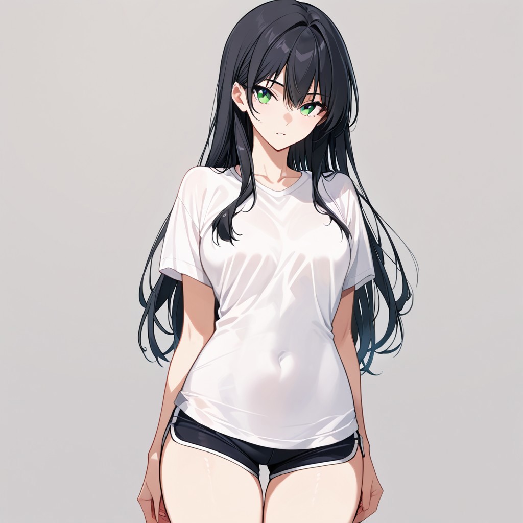 score_9, score_8_up, score_7_up, score_6_up, score_5_up, score_4_up,
t1ff4ny, green eyes, black hair, t-shirt, tight sport shorts, source_anime, ntm,