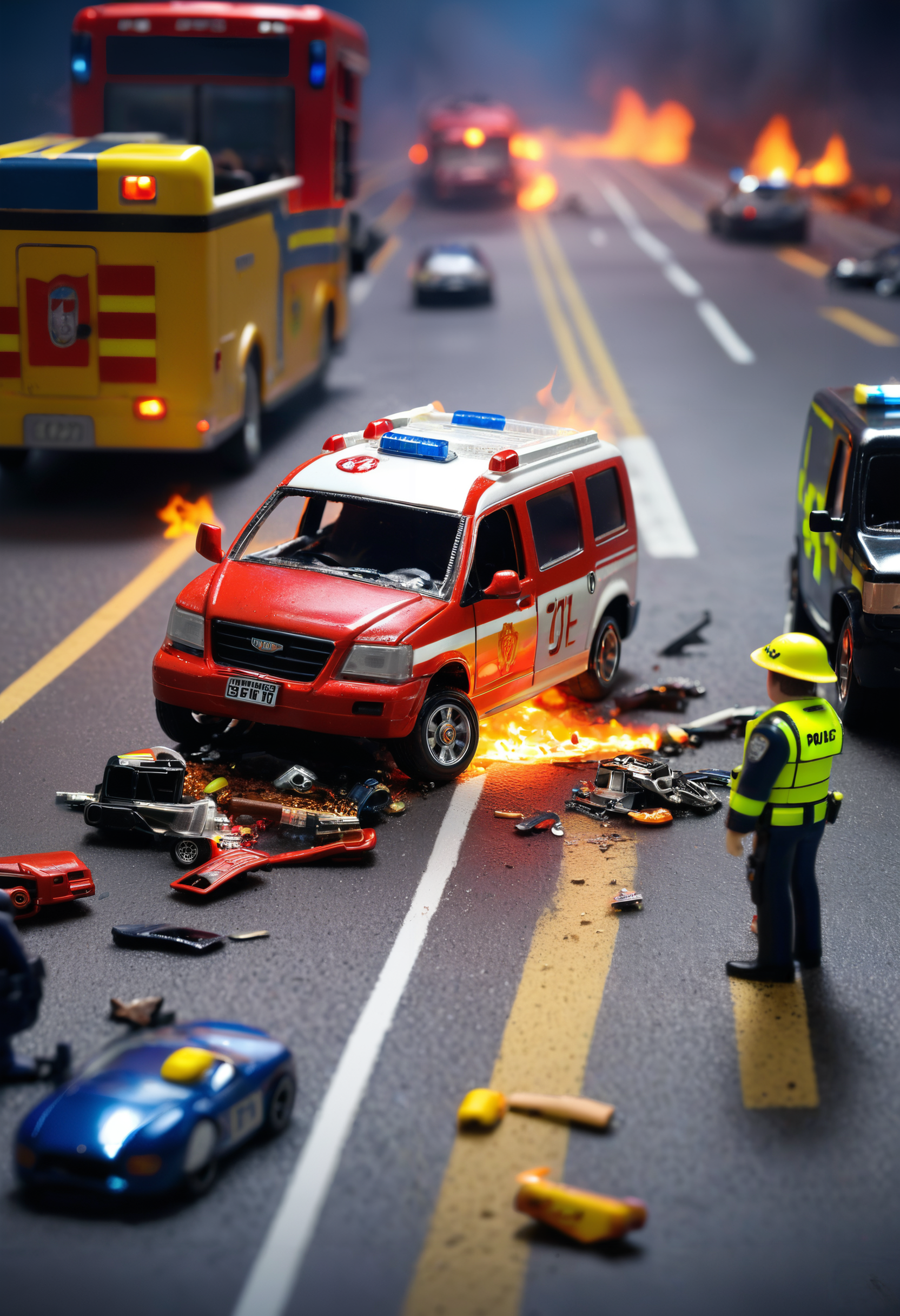 hotwheels toy, car, police, bus, van, ambulance, motorcycle, RoadWreck_Simulator <lora:RoadWreck_Simulator_sdxl:1>, miniature people, headlights, broken glass, tilt shift, forced perspective, bent frame, crushed, fire, smoke, debris, destruction, track, sirens, nighttime, melted miniature, award winning photography