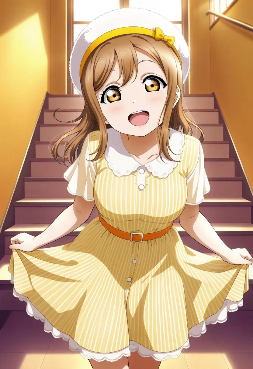 masterpiece,best quality,amazing quality, kunikida hanamaru, brown hair, amber eyes, long hair, 1girl, stairs, solo, hat, open mouth, smile, dress, looking at viewer, white headwear, indoors, striped