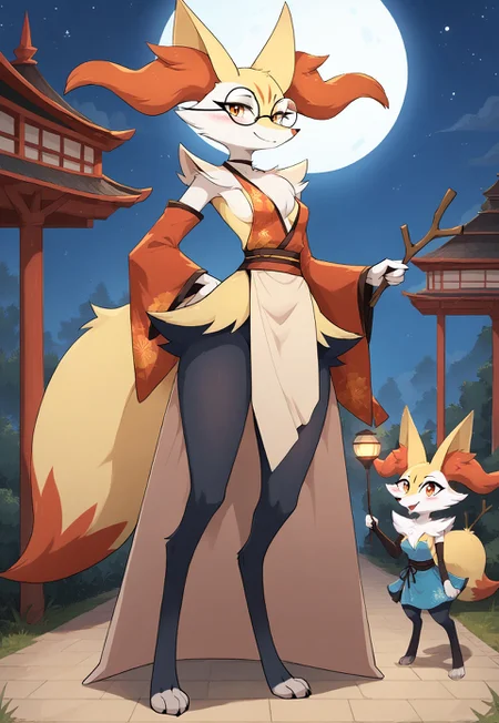 safe_pos, score_9, score_8_up, score_7_up, ultra quality, high res, source_furry, full body
1girl, BraixenPXL, Female Braixen, Anthro Fennec Fox, Furry Female, Amber Eyes, Yellow Fur, White Fur, Black legs, White paws, small breasts, fluffy fox tail, Tall, ((Tall Female))
bare shoulders, detached sleeves, japanese clothes, long kimono dress, long sleeves, sideboob, wide sleeves, dark blue clothes, glasses, square glasses frame
looking at viewer, warm smile, cute eyes, blushing
Portrait, outdoor, meadow fields, strolling, night time, bright stars, full moon