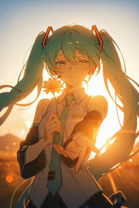 masterpiece, best quality, absurdres, safe
1girl, light smile, sunset, outstretched arm, holding flower, hatsune miku, sleeveless, detached sleeves
backlighting, bokeh, lens flare,
artist:yoneyama mai,
artist:konya karasue,
<lora:backlighting_il_2_d16:1>