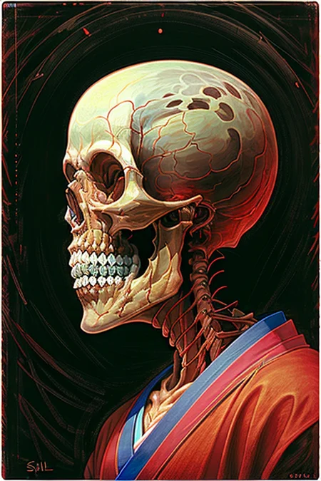 a portrait of a man sad in a red kimono,skull
