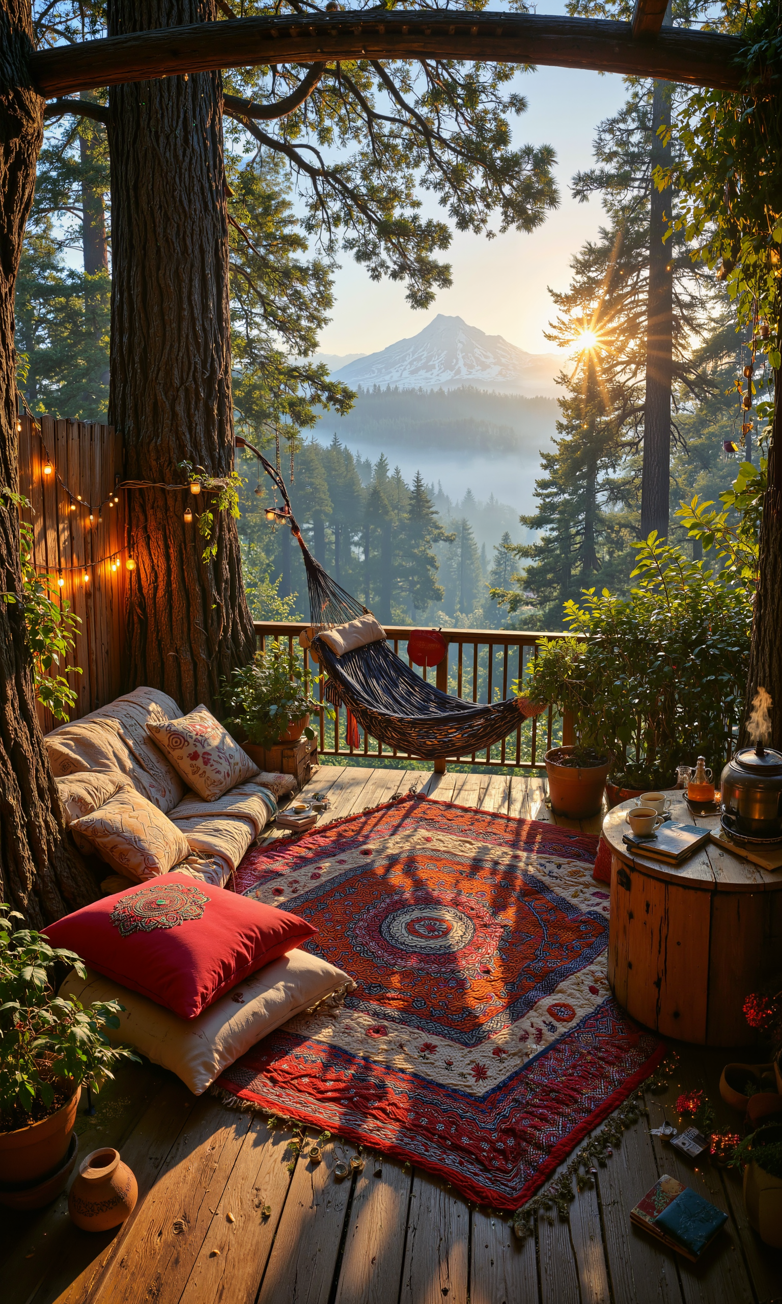 Enchanting treehouse terrace nestled in ancient redwood forest, dappled sunlight filtering through lush canopy. Rustic wooden platform adorned with plush bohemian floor cushions, fairy lights, and potted ferns. Panoramic views of misty valleys and distant snow-capped peaks. Cozy hammock swaying gently, inviting blankets and weathered books scattered nearby. Wrought-iron railing entwined with fragrant jasmine. Steaming mugs of herbal tea on reclaimed wood table. Soft moss underfoot, bird calls echoing. Golden hour glow, long shadows stretching. Dreamy atmosphere, 8k resolution, hyper-detailed textures, beautiful bokeh effect. <lora:test2-000013:0.7> <lora:Rainbow_on_black_style-000003:0.5> <lora:Improved Amateur Realism:0.9> <lora:FluxMythR3alisticF:0.3> <lora:flux_dev:1>