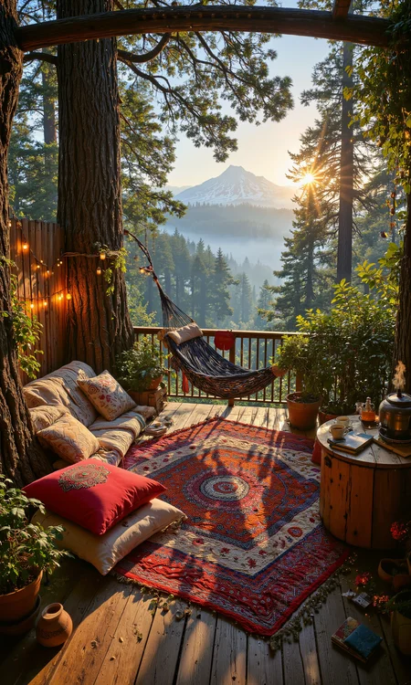 Enchanting treehouse terrace nestled in ancient redwood forest, dappled sunlight filtering through lush canopy. Rustic wooden platform adorned with plush bohemian floor cushions, fairy lights, and potted ferns. Panoramic views of misty valleys and distant snow-capped peaks. Cozy hammock swaying gently, inviting blankets and weathered books scattered nearby. Wrought-iron railing entwined with fragrant jasmine. Steaming mugs of herbal tea on reclaimed wood table. Soft moss underfoot, bird calls echoing. Golden hour glow, long shadows stretching. Dreamy atmosphere, 8k resolution, hyper-detailed textures, beautiful bokeh effect. <lora:test2-000013:0.7> <lora:Rainbow_on_black_style-000003:0.5> <lora:Improved Amateur Realism:0.9> <lora:FluxMythR3alisticF:0.3> <lora:flux_dev:1>