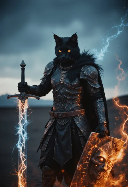 An action scene shot captures a dark, menacing towering fluffy black cat knight in the heat of an intense, action-packed battle, reminiscent of gritty realism from an old analog camera. The knight’s intricately designed, battle-worn helmet reflects the eerie magical, ethereal glow of its weapon—a massive, twisted sword. The blade crackles with dark energy, gathering ominously at its tip, where a glowing orb of faded blue light pulses with immense, destructive power. This energy radiates along the blade, casting a ghostly blue glow that illuminates the knight’s helmet and armor, creating stark contrasts between light and deep shadows. In its other paw, the cat wields a terrifying shield adorned with jagged, twisted patterns and a ghastly visage that seems to stare into the souls of its enemies. The shield emanates a sense of foreboding, as if cursed by dark magic, enhancing the overall terror of its presence. The glow from the sword accentuates the intricate details of the shield, casting long shadows that flicker across the lone desert battlefield amidst the dunes.