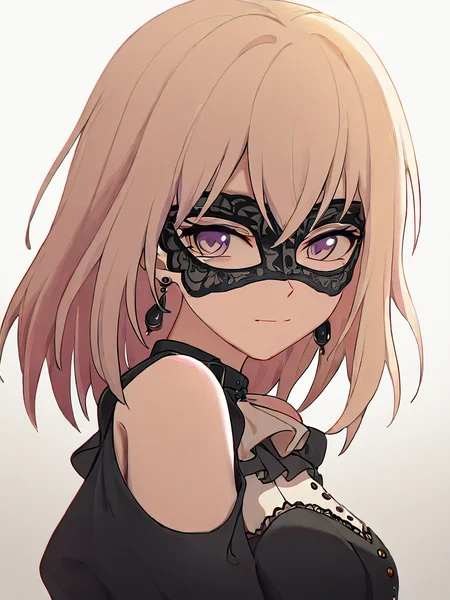 1girl,character: misumi_uika,solo,grey_background,gradient_background,upper_body,closed_mouth,black_mask,masquerade_mask,bare_shoulders,shoulder_cutout,long_sleeves,earrings,doloris_\(bang_dream!\)white background,
masterpiece,best quality,amazing quality,very aesthetic,absurdres,<lora:misumi_uika_ill_sdxl:1>,