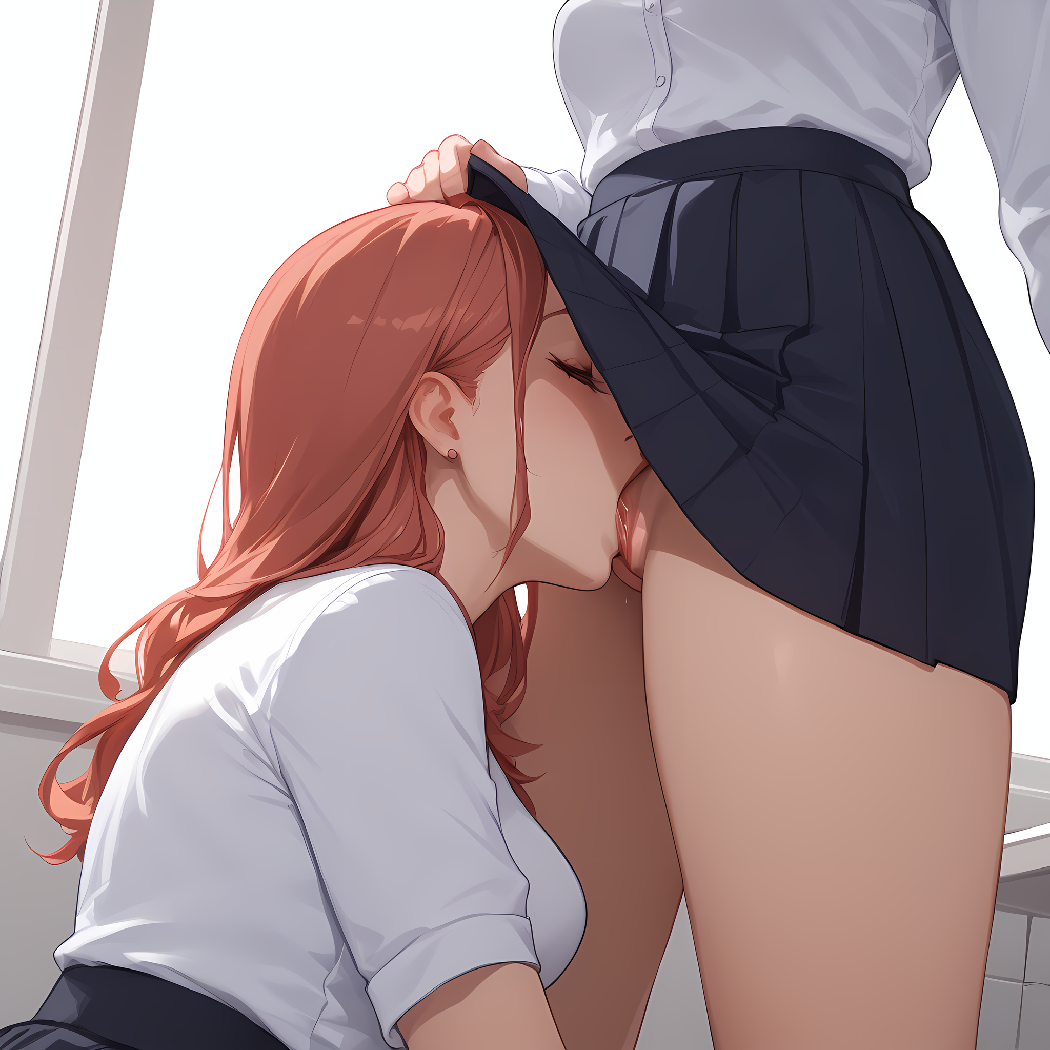 score_9, score_8_up, score_7_up, 2 girls, medium breasts,   <lora:cunnilingus_under_skirt:0.9>, cunnilingus under skirt, cunnilingus, under skirt, skirt lift, oral, head under skirt, grabbing anothers head, standing,