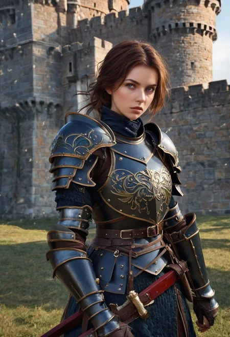 castle, score_9, score_8_up, score_7_up, score_6_up, score_5_up, extremely detailed, 1 woman, 25 years old, cute face, green eyes, small breasts, brown hair, shoulder length hair, wearing dark blue armor, holding a spear, in a battlefield in front of a castle, soldiers fighting behind her, she has blood on her shield and face, detailed, realistic, lady knight in dark full plate armor with armored gauntlets and armored boots with short brown hair and green eyes and a gorget protects her neck, gorget, armored gauntlets,