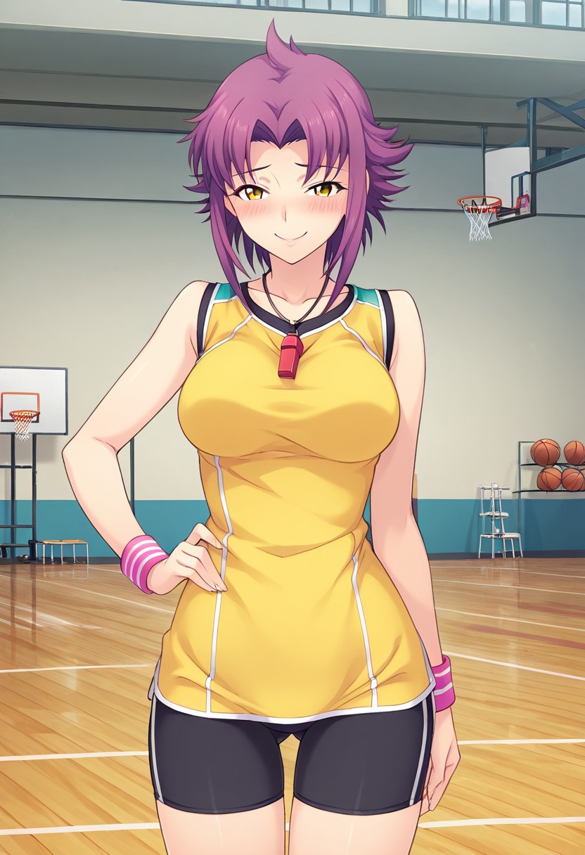 score_9,score_8_up,score_7_up,source_anime,5_figner,2d_animation,game cg,BREAK,1girl,solo,
Kaizu Aya,mature female,
short hair, yellow eyes, purple hair,BREAK,
pink wrist band,red whistle,bike shorts,sports Uniform,
gym,indoor,Basketball stand,Basketball court,
smile,cowboyshot,standing,blush,front view,
masterpiece,best qualit,ultra-detailed,illustration,an extremely delicate and beautiful,beautiful detailed eyes,unity 8k wallpaper,high resolution,anime CG,official_art,
