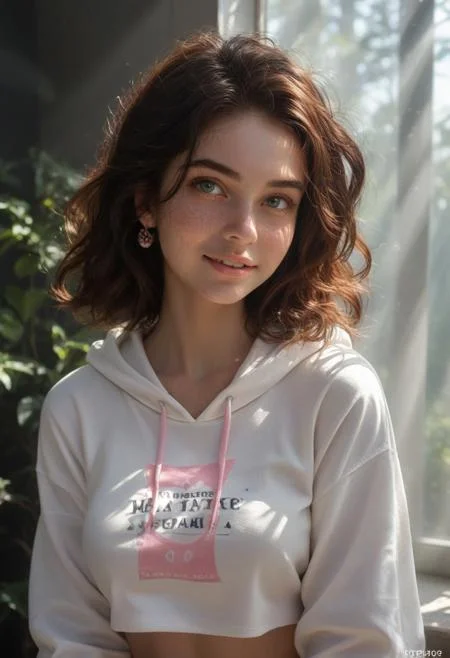 score_9, score_8_up, score_7_up, masterpiece, best quality, highly detailed, (masterpiece, best quality, highly detailed), very detailed face, hyperrealistic, (UHD quality details), (photorealism:1.0), drk brown hair, short wavy hair, ((crop top white hoodie)), (((pink cat logo on hoodie))), deep v-neck, midriff, white sports shorts ((pink accents)), white ankle socks, white sneakers with (pink accents), detailed skin, Tomboy, green eyes, soft smile, very detailed, (((full body shot))), 18 year old, athletic body, bubble butt, (natural small b cup breasts), (medium thighs), long legs ,skin pores, realistic skin, highly detailed skin, beautiful face, emerald green eyes, perfect eyes, perfect mouth, perfect teeth, freckles on body, freckles on face, short dark brown hair, dangling earrings, ankle bracelet on one ankle, natural lips, no lipstick, closeup, portrait, solo, beautiful smile, headshot, Beuty