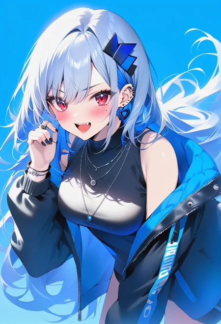 1girl,black_hair,black_jacket,black_nails,black_shirt,blue_background,blue_theme,bracelet,ear_piercing,fang,hair_behind_ear,jacket,looking_at_viewer,mole_under_eye,nail_polish,necklace,off_shoulder,open_clothes,open_jacket,open_mouth,piercing,ring,shirt,<lora:anime enhancer V3 xl:0.5>,detailed skin texture,texture,detailed,<lora:hisumi xl:1>,hisumi,very long hair,hair ornament,red eyes,white hair,blush,earrings,jewelry,sleeveless,sleeveless_shirt,solo,teeth,upper_teeth_only,
