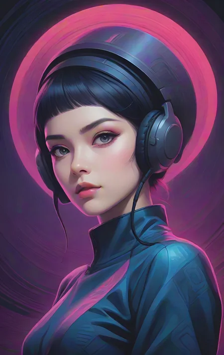 relief printing, Glo-fi Art Style, dynamic, dramatic, vibrant colors, glo-fi art style,, Gradient color guide, Haptic Art,neo-noir, inspired,impressive,coastal beauty,fixated,maniacal, 1 girl striking a pose while powering on or activating an android body., Exaggerated headwear, dramatic angle,