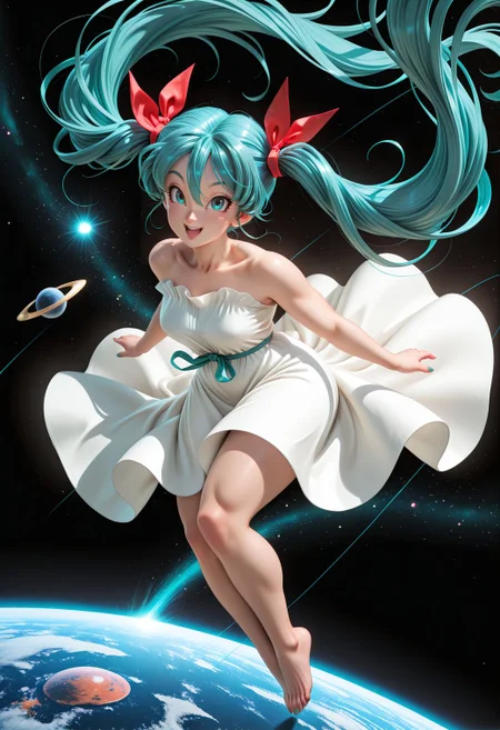 SmoothNoob_Quality, (toriyama akira:1.5), manga style, 1girl,solo,hatsune miku,mature female, long hair,dress,twintails,barefoot,white dress,ribbon,hair ribbon,floating hair,floating,bare legs,planet,aqua hair,bare shoulders,full body,very long hair,aqua eyes,open mouth happy,hair between eyes,red ribbon,looking at viewer,bangs,space,blue eyes, face focus,