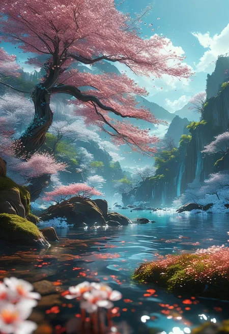(ultra high res:1.4), (masterpiece), (beautiful lighting:1.4) , lush cherry blossom forest, Mountains, ais-blmn mushrooms sunlight setting illuminates the crystal-clear water, (deep underwater), anime, half above water and half below water, (clear underwater), beautiful sky with clouds and smoke, tropical fish, depth
