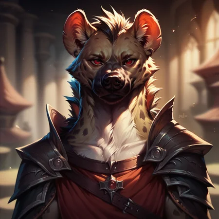 (((detailed, beautiful, high quality))), score_9, score_8_up, score_7_up,
(depth of field, dynamic lighting),
gnoll, furry hyena,
1 male, red eyes, black shoulder pad, shoulder strap,
looking at the viewer, posing,
blurred background, fantasy background, shroud background,