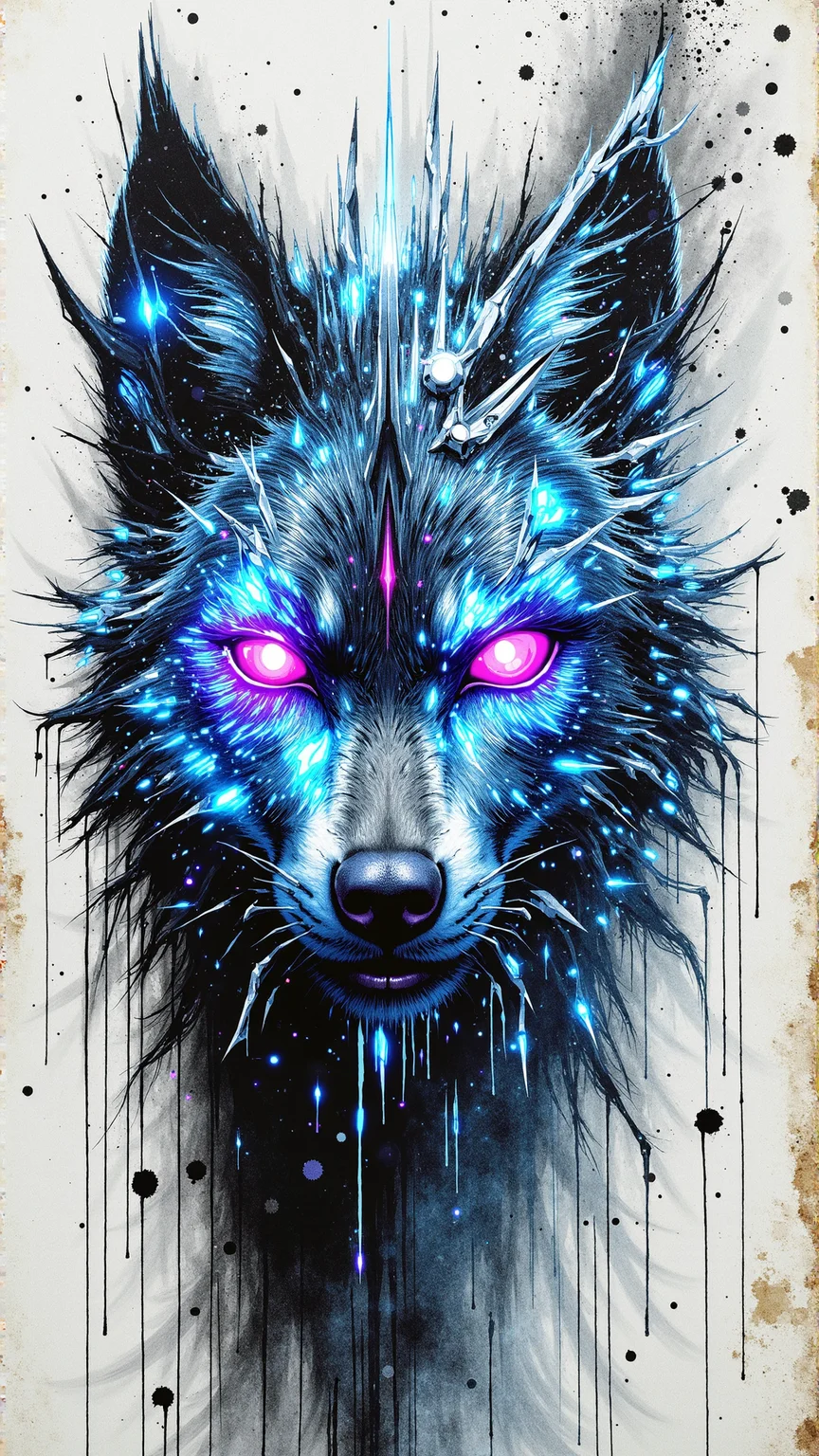 Jedcyb3r, Jedspl4tt, A powerful wolf with crystalline ice fur stands on the edge of a frozen tundra, its eyes glowing deep violet with arcane energy. Sharp icicles form along its back, resembling an enchanted armor. Snow swirls around its body, caught in an eerie, unnatural stillness. Dark ink and frost-like splatters blend into the composition, giving it a hauntingly surreal presence, as if the creature exists between dimensions,<lora:splatter1:1>