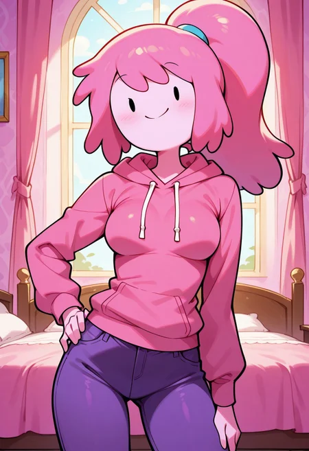 1girl, Bonnibel, pink hair, ponytail, black eyes, pink skin, 
(round breasts), medium breasts, 
(royal bedroom, in a castle, candy theme), standing, 
smile, hand on hip, looking at viewer, 
(pink hoodie, purple jeans), solo, 
(High definition, best quality, masterpiece),
score_9, score_8_up, score_7_up, score_6_up,  
cartoon, source_cartoon, cartoon screencap, adventure time, adventuretime_pb,