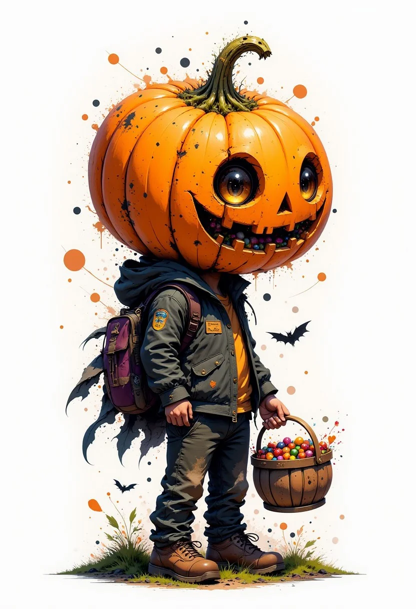MysticSplash. Ink-splash-style. A very cute jack-o'-lanterns pumpkin head boy. With big eyes and a candy bucket.