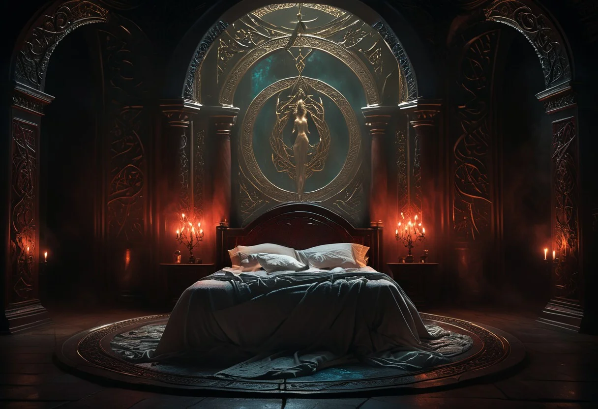 hkmagic detailed wide shot, low angle, wide shot, a celtic princesse of extraordinary beauty Eerie reality, her body covered by celtic runes bioluminescent tatoos glowing with power and magic, lying on a luxury fantasy bed in a room illuminated by candles, her body visible through a transparent golden veil covering the baldaquin bed, the bed culumns are spiraling sculppted dragon made of ivory and dark wood, red hair, naked,, mist, ciaroscuro, 8k cinematic shot, Intricate, High Detail, Sharp focus, dramatic, colorful details, intricate details,hyper realistic, ultra detailed, volumetric lighting, 8k post-production, Chiaroscuro Lighting Style, elven architecture