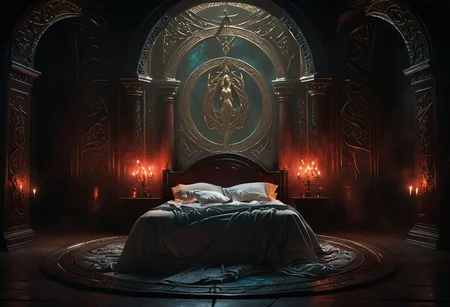 hkmagic detailed wide shot, low angle, wide shot, a celtic princesse of extraordinary beauty Eerie reality, her body covered by celtic runes bioluminescent tatoos glowing with power and magic, lying on a luxury fantasy bed in a room illuminated by candles, her body visible through a transparent golden veil covering the baldaquin bed, the bed culumns are spiraling sculppted dragon made of ivory and dark wood, red hair, naked,, mist, ciaroscuro, 8k cinematic shot, Intricate, High Detail, Sharp focus, dramatic, colorful details, intricate details,hyper realistic, ultra detailed, volumetric lighting, 8k post-production, Chiaroscuro Lighting Style, elven architecture
