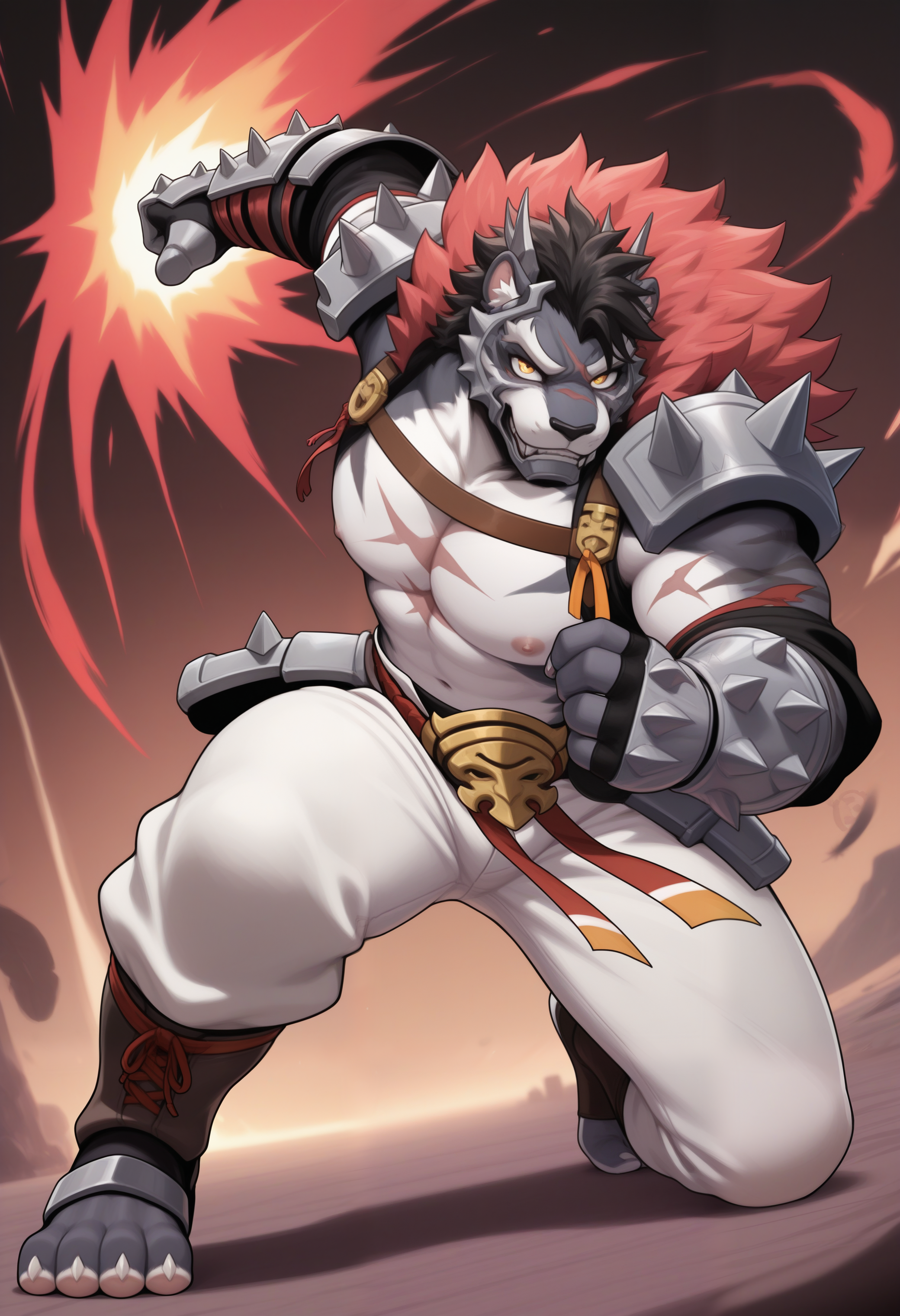 masterpiece,best quality,amazing quality, 1boy, solo,  y40, furry male, face armor, red feathers, gauntlets, spiked armor, spiked pauldrons, white pants, full body, attack,