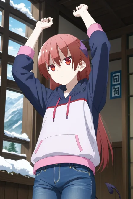 score_9, score_8_up, score_7_up, source_anime, rating_safe, , , , depth of field, 1girl, solo, <lora:tsukasa_yuzaki_pony:1>, tsukasa_yuzaki, red hair, red eyes, long hair, hair between eyes, bangs, rule of thirds, snowy mountain, indoors, dark, arms above head, :D, animal hoodie, jeans, demon horns, demon tail, bobby socks, <lora:sdxl_lightning_8step_lora:1>