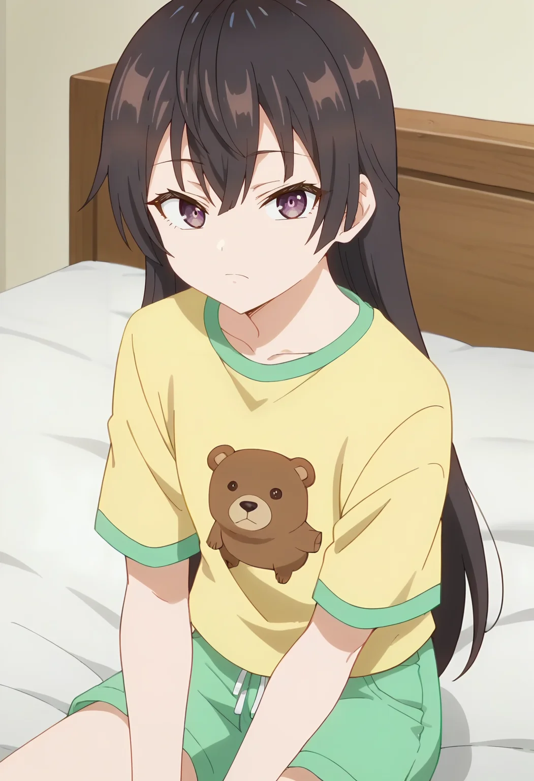 Yuki Suou, long hair, solo , black hair, hair between eyes, brown eyes, purple eyes, ,brown hair, <lora:Yuki Suou-000013:0.9> yellow shirt, t-shirt, animal print, green shorts, sitting on bed, looking at viewer, bear face print, score_9, score_7_up,anime coloring ,source_anime, anime, anime screencap