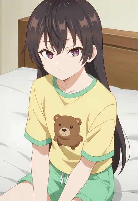 Yuki Suou, long hair, solo , black hair, hair between eyes, brown eyes, purple eyes, ,brown hair, <lora:Yuki Suou-000013:0.9> yellow shirt, t-shirt, animal print, green shorts, sitting on bed, looking at viewer, bear face print, score_9, score_7_up,anime coloring ,source_anime, anime, anime screencap