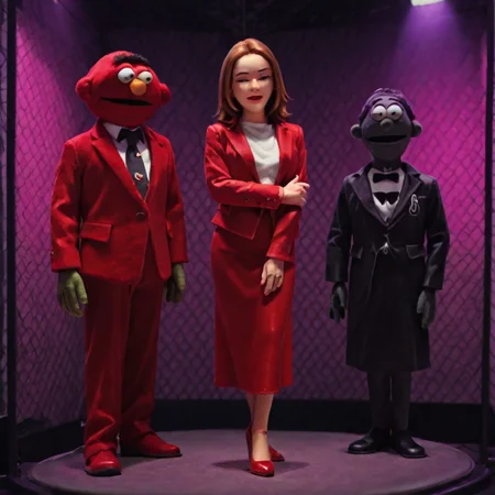 dhmis,
1 adult woman,
red skirt, red jacket, red heels, white shirt,
hand on own arm,
puppet,
backdrop is nightclub