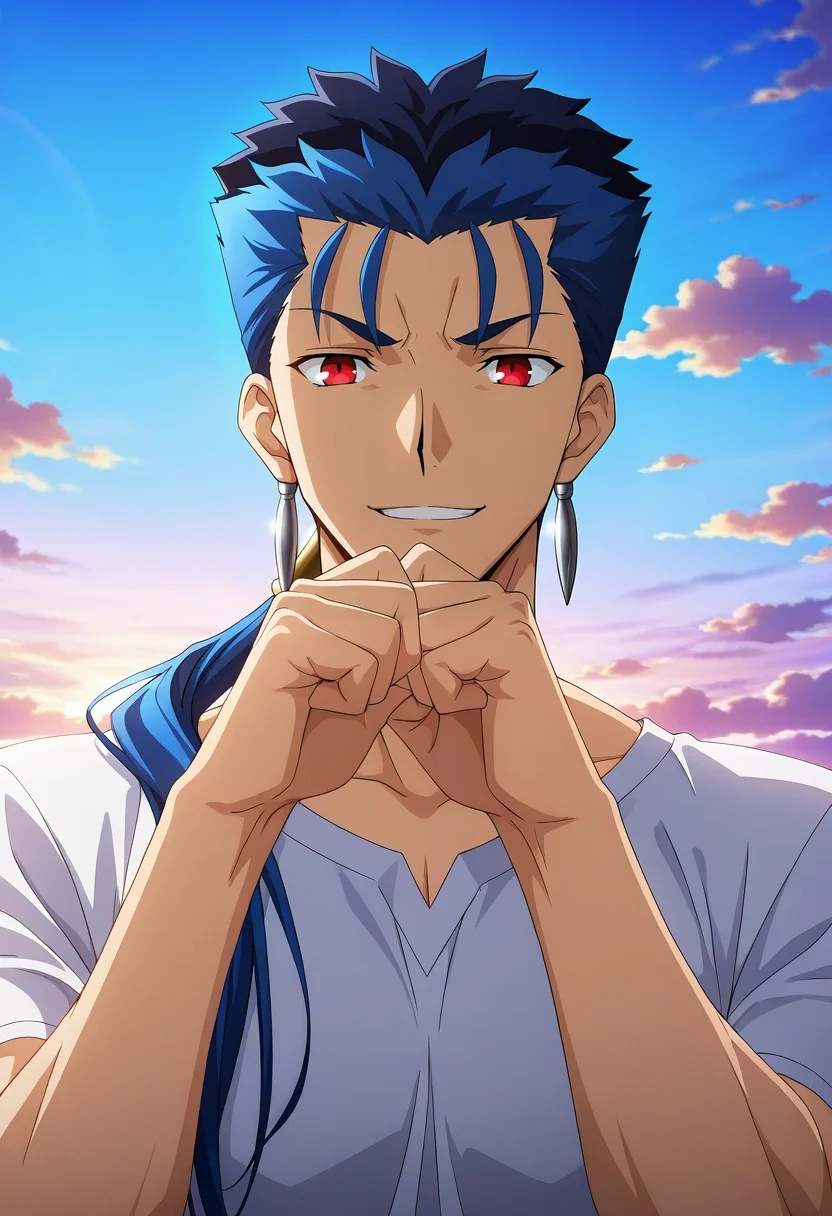 masterpiece, best quality, , anime screencap, anime coloring, official style, , 1boy, solo, male focus, <lora:lancer_fsn_ilxl:0.92>, lancer_fsn, cu chulainn \(fate\), fate/stay night, blue hair, red eyes, long hair, ponytail, spiked hair, , , floating bazaar, sky boats, merchant stalls, cloud paths, haggling pose, friendly expression, morning,