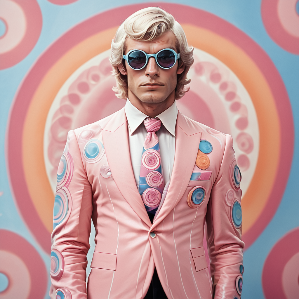 Score_9, score_8_up, score_7_up, score_6_up, BREAK  <lora:60sPsychedelicMovie2Pony:1> ArsMovieStill, movie still from a 60s psychedelic movie, The image is a portrait of a man standing in front of a colorful background with a circular design. The man is wearing a pink suit with a pattern of circles and swirls in shades of pink orange and blue. He has blonde hair and is wearing sunglasses. He is also wearing a black suit with white shirt and a patterned tie. The background has a blue and pink gradient with a large circular design in the center. The overall mood of the image is playful and whimsical., 1boy, solo, male focus, necktie, circle, shirt, formal, suit, collared shirt, sunglasses