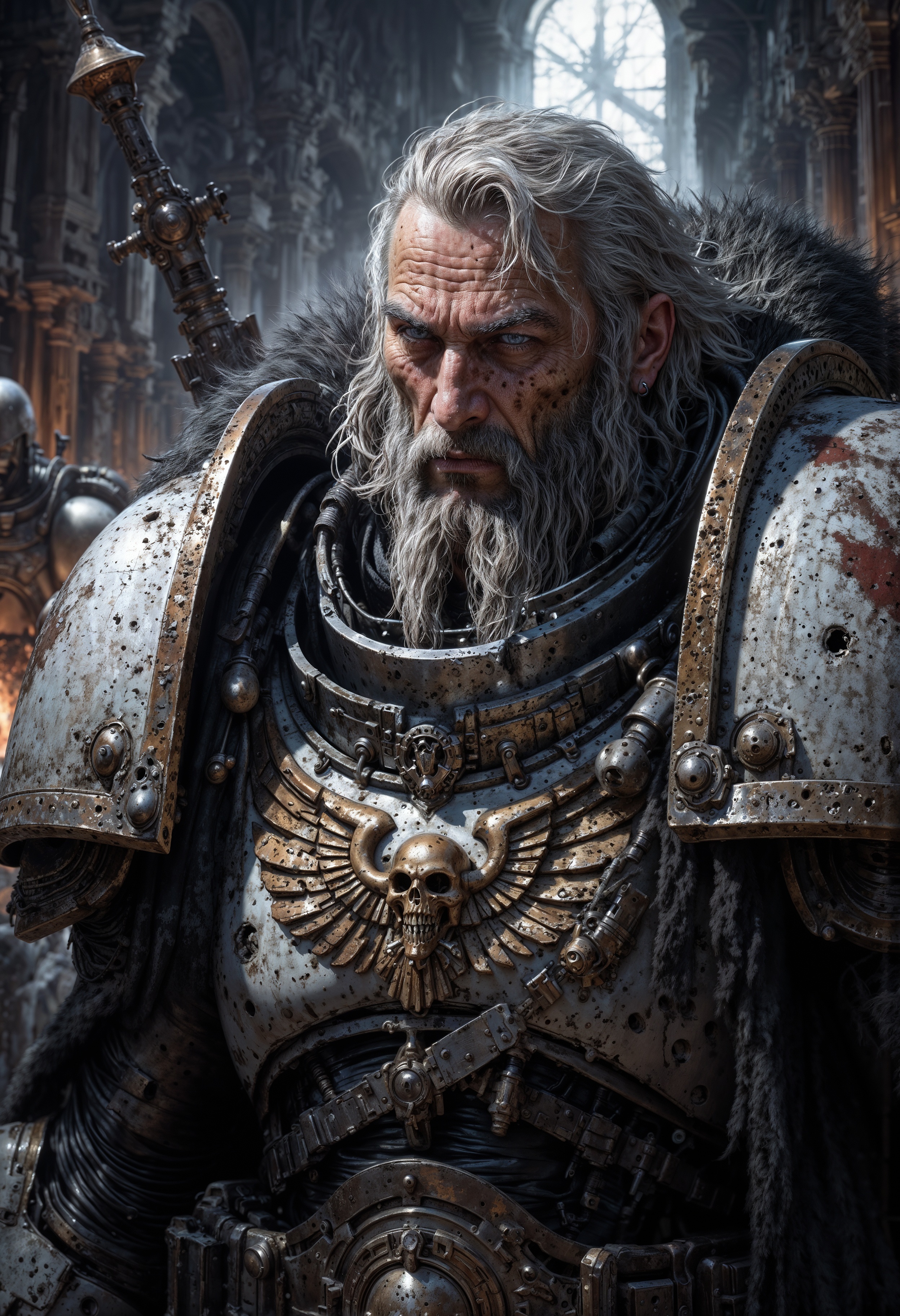 Highly detailed and realistic fantasy character in a dramatic shot. Epic cinematic depiction of a very old Paladin in full WhiteS40K power armor. He is bearded and his hair is going grey.  <lora:FluxWhiteS40K:1>  <lora:FluxMythP0rtr4itStyle:0.5>  <lora:sxz-Dark-Fantasy-v2-Flux:0.5>  <lora:flux_realism_lora:0.8>